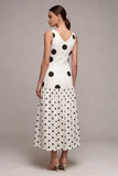 White and Black Cowl Neck A Line Maxi Polka Dots Dress