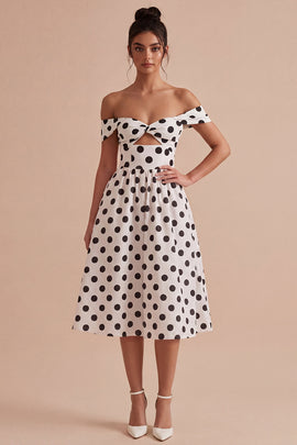 White and Black Keyhole Off the Shoulder A Line Midi Polka Dots Dress