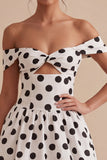 Short White and Black Keyhole Off the Shoulder A Line Polka Dots Dress