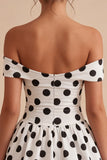 Short White and Black Keyhole Off the Shoulder A Line Polka Dots Dress