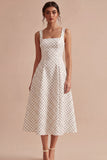 White and Black Thick Straps A Line Maxi Polka Dots Dress