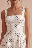 White and Black Thick Straps A Line Maxi Polka Dots Dress