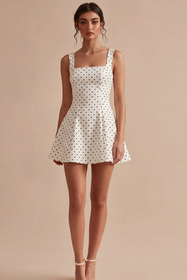 A Line Short White and Black Thick Straps Polka Dots Dress