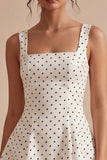 A Line Short White and Black Thick Straps Polka Dots Dress