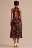 Coffee and White High Neck A Line Maxi Polka Dots Dress