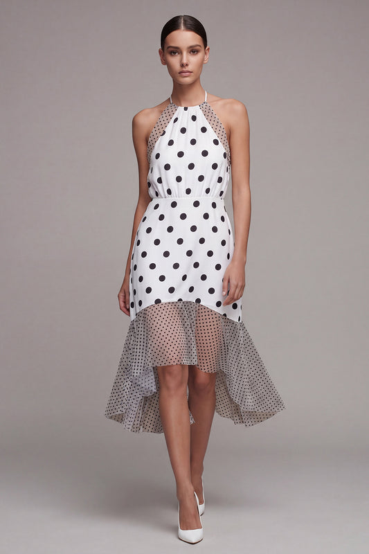 White and Black Halter High Low Polka Dots Dress