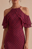 Bodycon Burgundy and White Halter Midi Polka Dots Dress with Ruffles