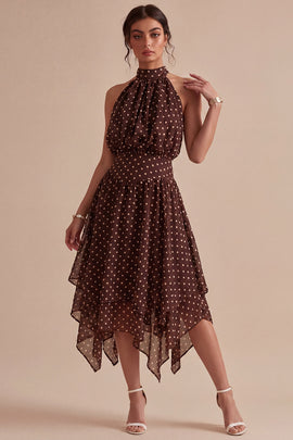 Coffee and White High Neck A Line Asymmetrical Polka Dots Dress