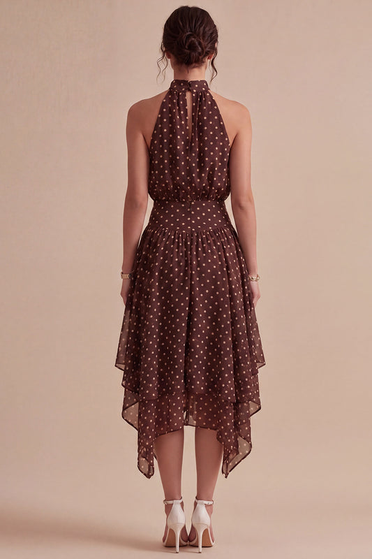 Coffee and White High Neck A Line Asymmetrical Polka Dots Dress