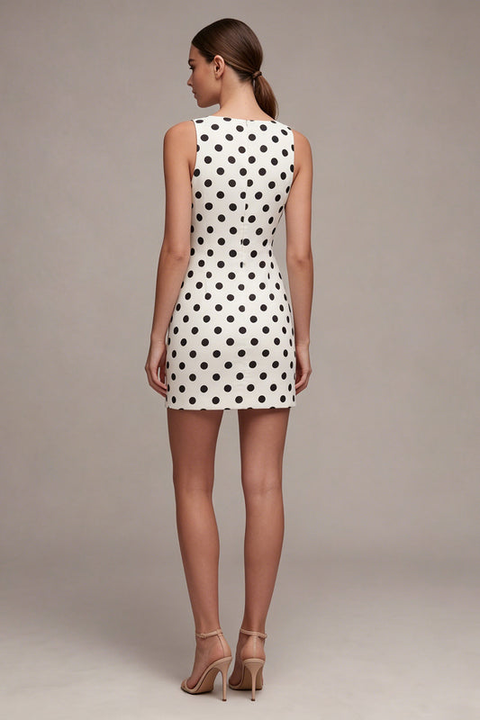 Tight Short White and Black Bateau Neck Polka Dots Dress