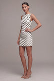 Tight Short White and Black Bateau Neck Polka Dots Dress