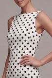 Tight Short White and Black Bateau Neck Polka Dots Dress