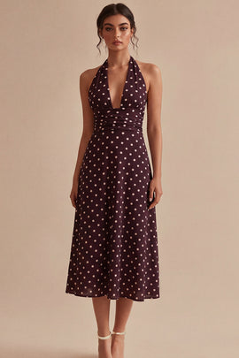 Burgundy and White Halter Maxi A Line Polka Dots Dress