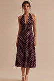 Burgundy and White Halter Maxi A Line Polka Dots Dress