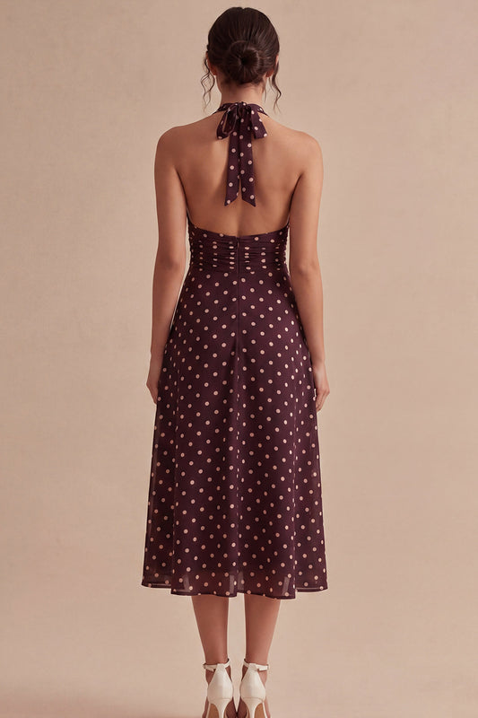 Burgundy and White Halter Maxi A Line Polka Dots Dress