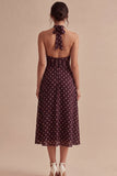 Burgundy and White Halter Maxi A Line Polka Dots Dress