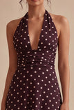 Burgundy and White Halter Maxi A Line Polka Dots Dress