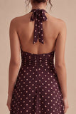 Burgundy and White Halter Maxi A Line Polka Dots Dress