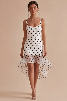 White and Black Thick Straps High Low Polka Dots Dress with Ruffles