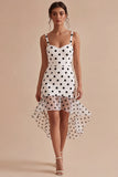 White and Black Thick Straps High Low Polka Dots Dress with Ruffles