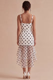 White and Black Thick Straps High Low Polka Dots Dress with Ruffles