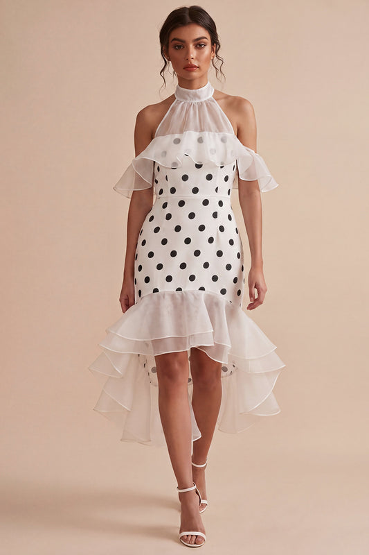 High Neck White and Black High Low Polka Dots Dress with Ruffles