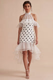 High Neck White and Black High Low Polka Dots Dress with Ruffles
