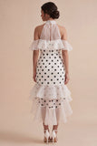 High Neck White and Black High Low Polka Dots Dress with Ruffles