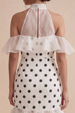 High Neck White and Black High Low Polka Dots Dress with Ruffles