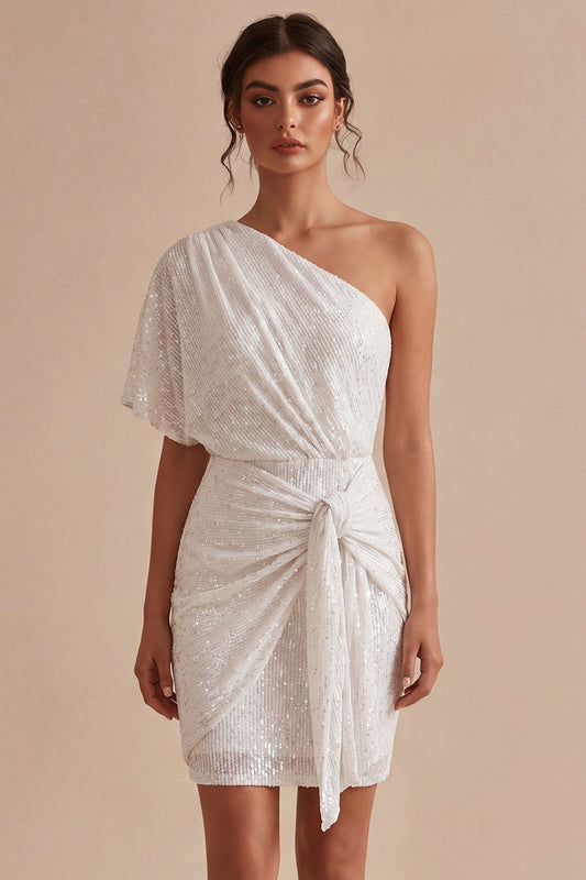 Sparkly White One Shoulder Tight Short Ruched Graduation Dress with Beading