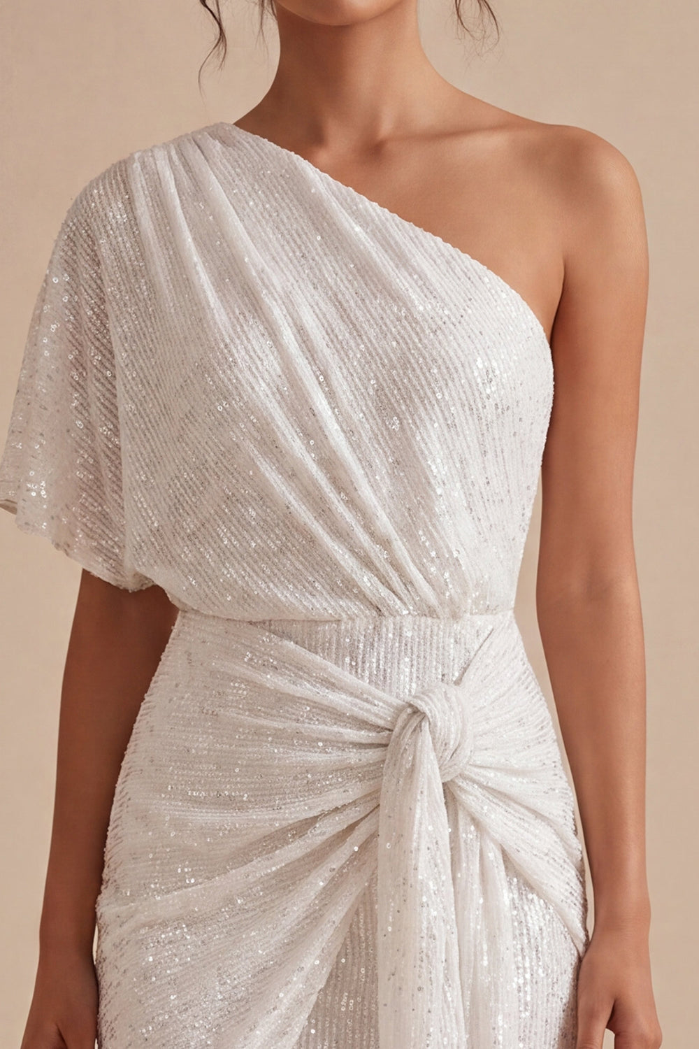 Sparkly White One Shoulder Tight Short Ruched Graduation Dress with Beading