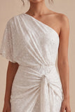 Sparkly White One Shoulder Tight Short Ruched Graduation Dress with Beading