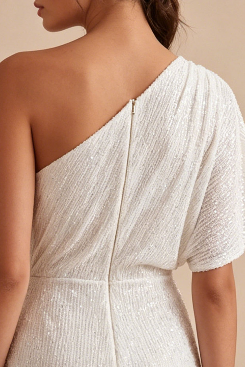 Sparkly White One Shoulder Tight Short Ruched Graduation Dress with Beading