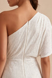 Sparkly White One Shoulder Tight Short Ruched Graduation Dress with Beading