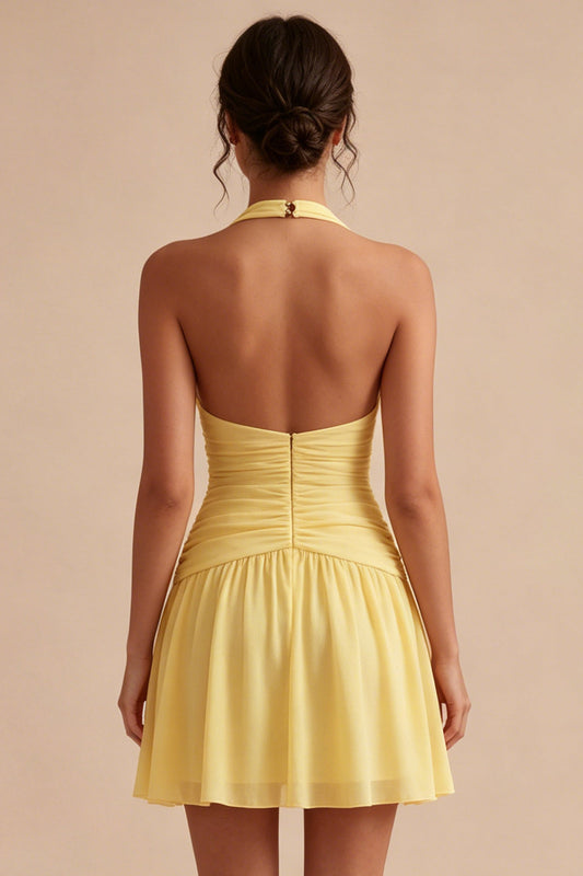 A Line Short Daffodil Halter Ruched Backless Graduation Dress