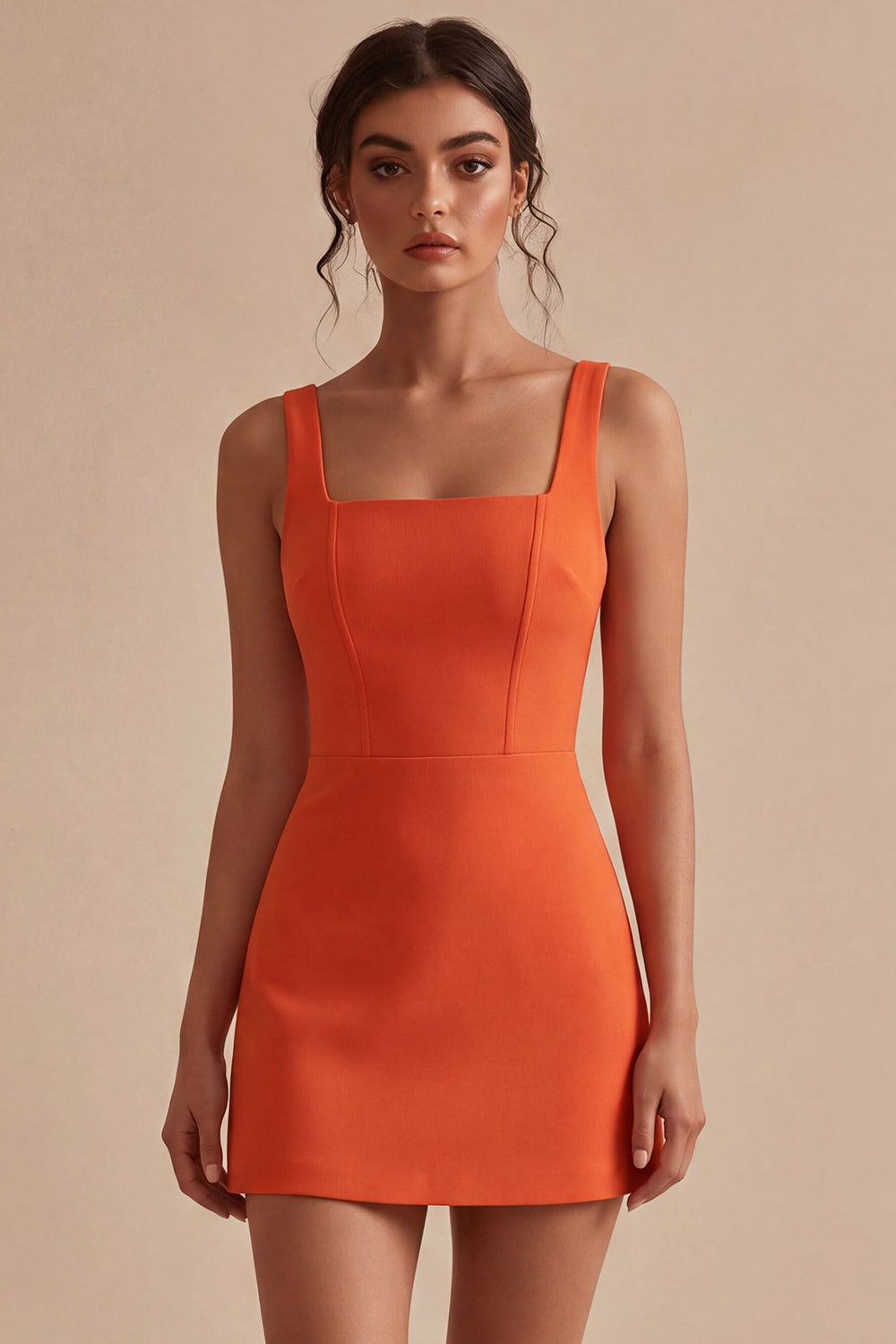 Orange Tight Short Square Neck Graduation Dress