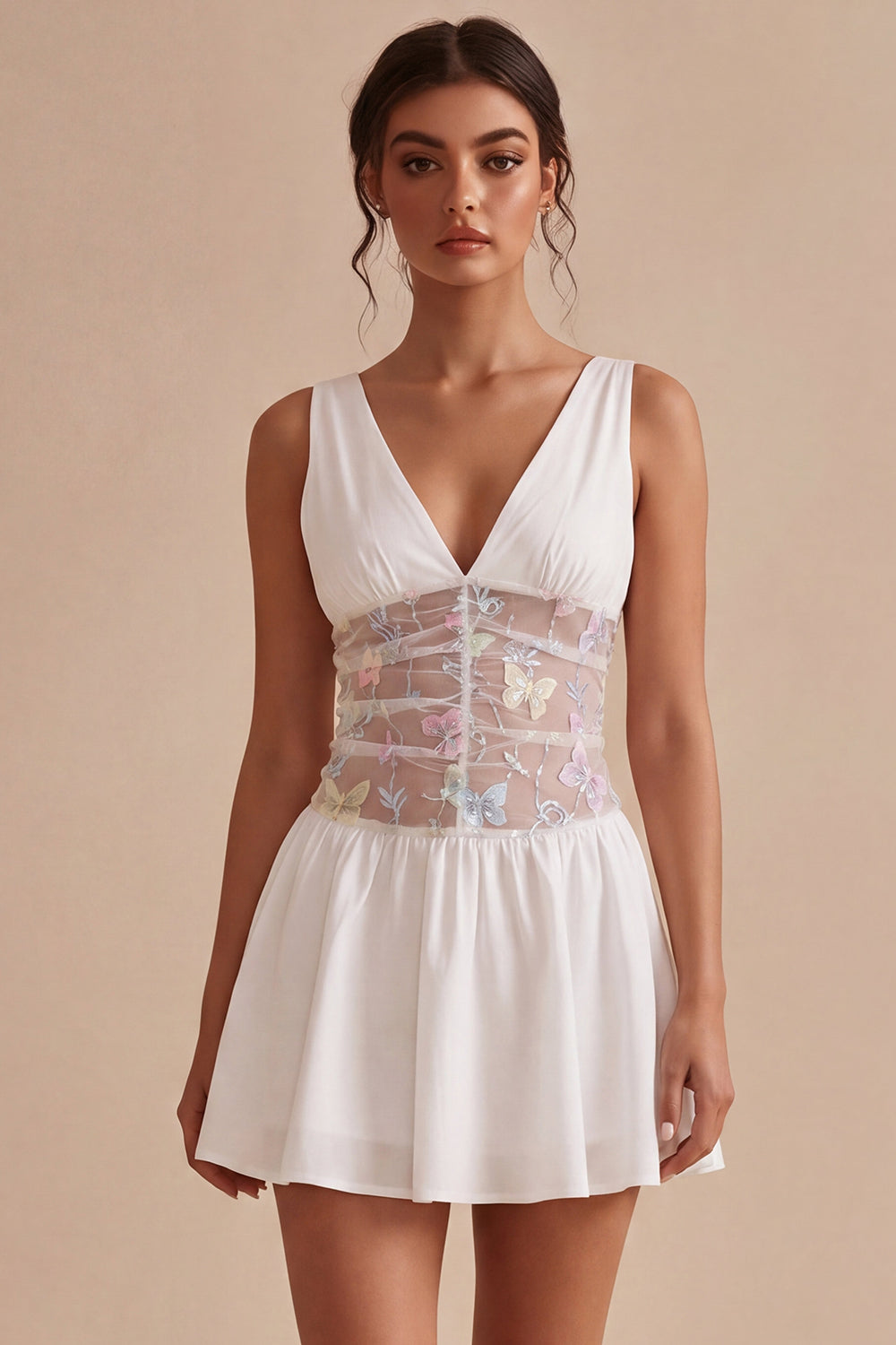 Floral White V-Neck Short A Line Graduation Dress
