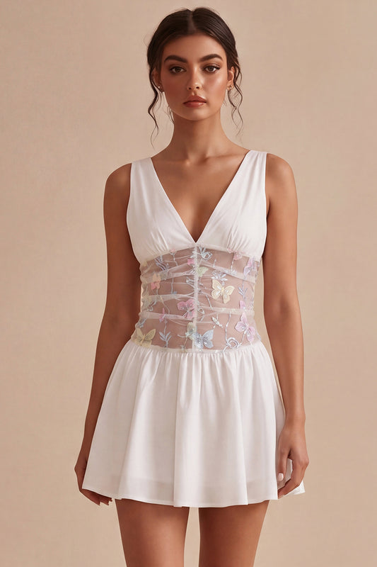 Floral White V-Neck Short A Line Graduation Dress