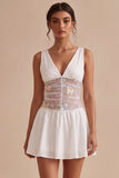 Floral White V-Neck Short A Line Graduation Dress