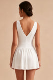 Floral White V-Neck Short A Line Graduation Dress