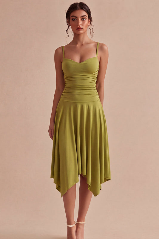 Olive Spaghetti Straps Asymmetrical Ruched A Line Graduation Dress