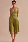 Olive Spaghetti Straps Asymmetrical Ruched A Line Graduation Dress