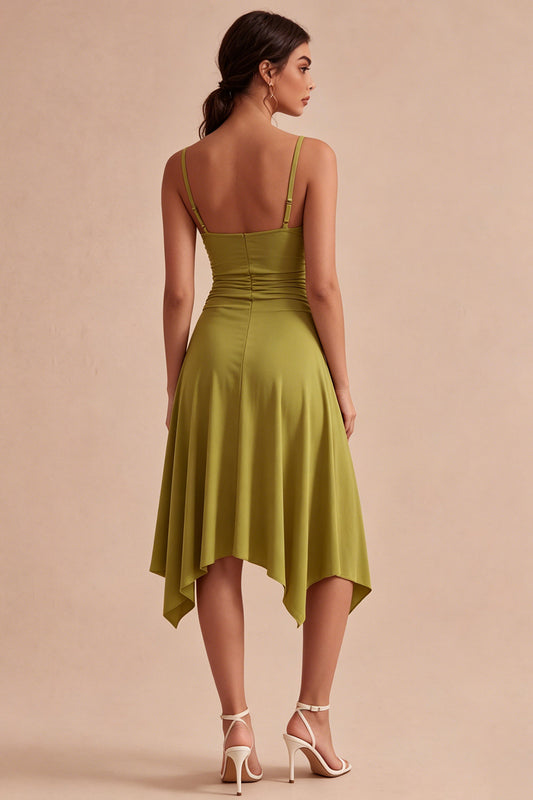 Olive Spaghetti Straps Asymmetrical Ruched A Line Graduation Dress
