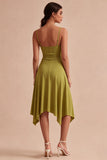 Olive Spaghetti Straps Asymmetrical Ruched A Line Graduation Dress