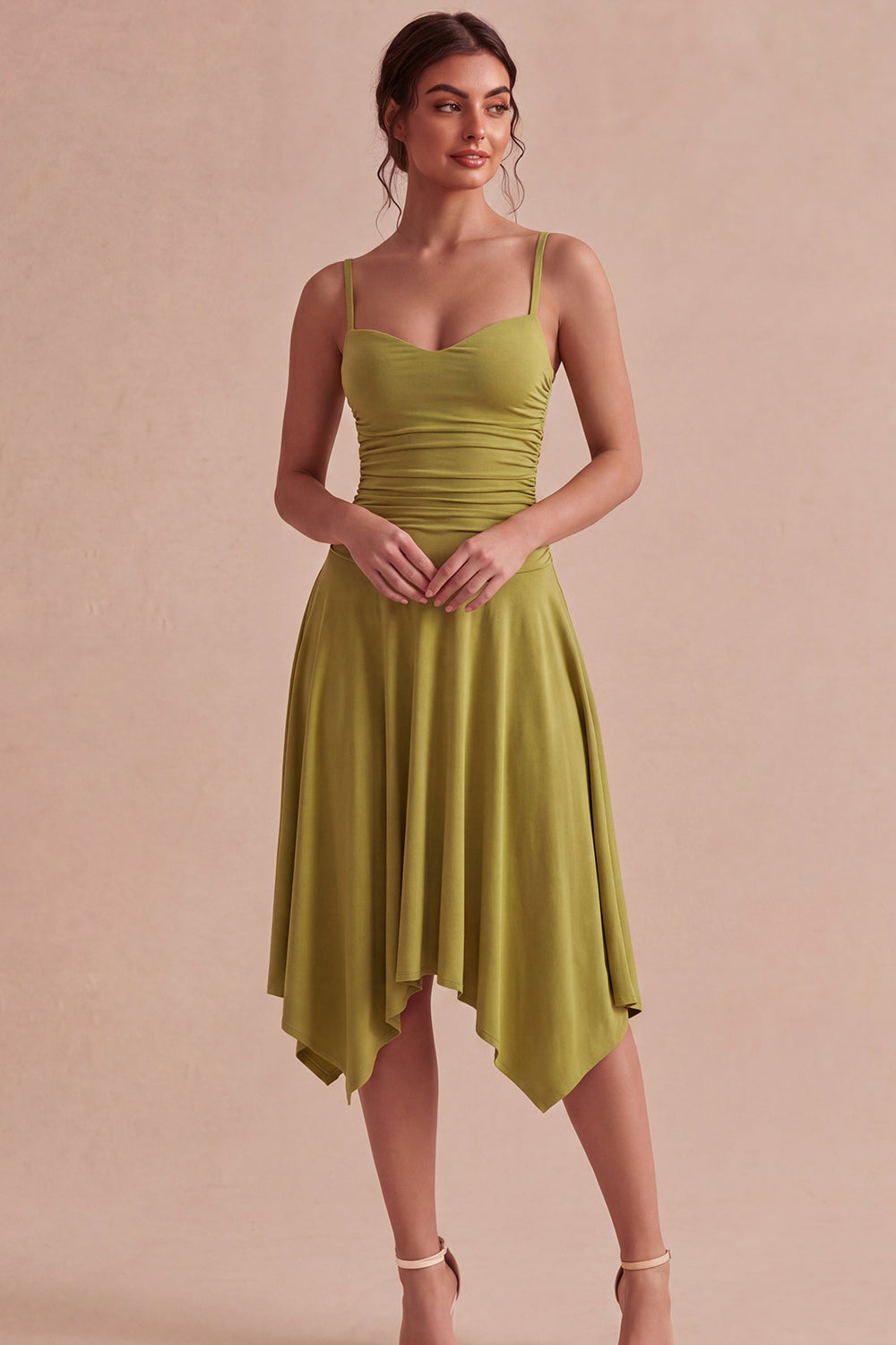 Olive Spaghetti Straps Asymmetrical Ruched A Line Graduation Dress