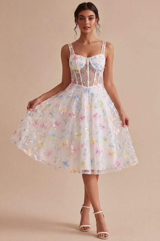 Corset Floral White Midi Thick Straps Beaded A Line Graduation Dress