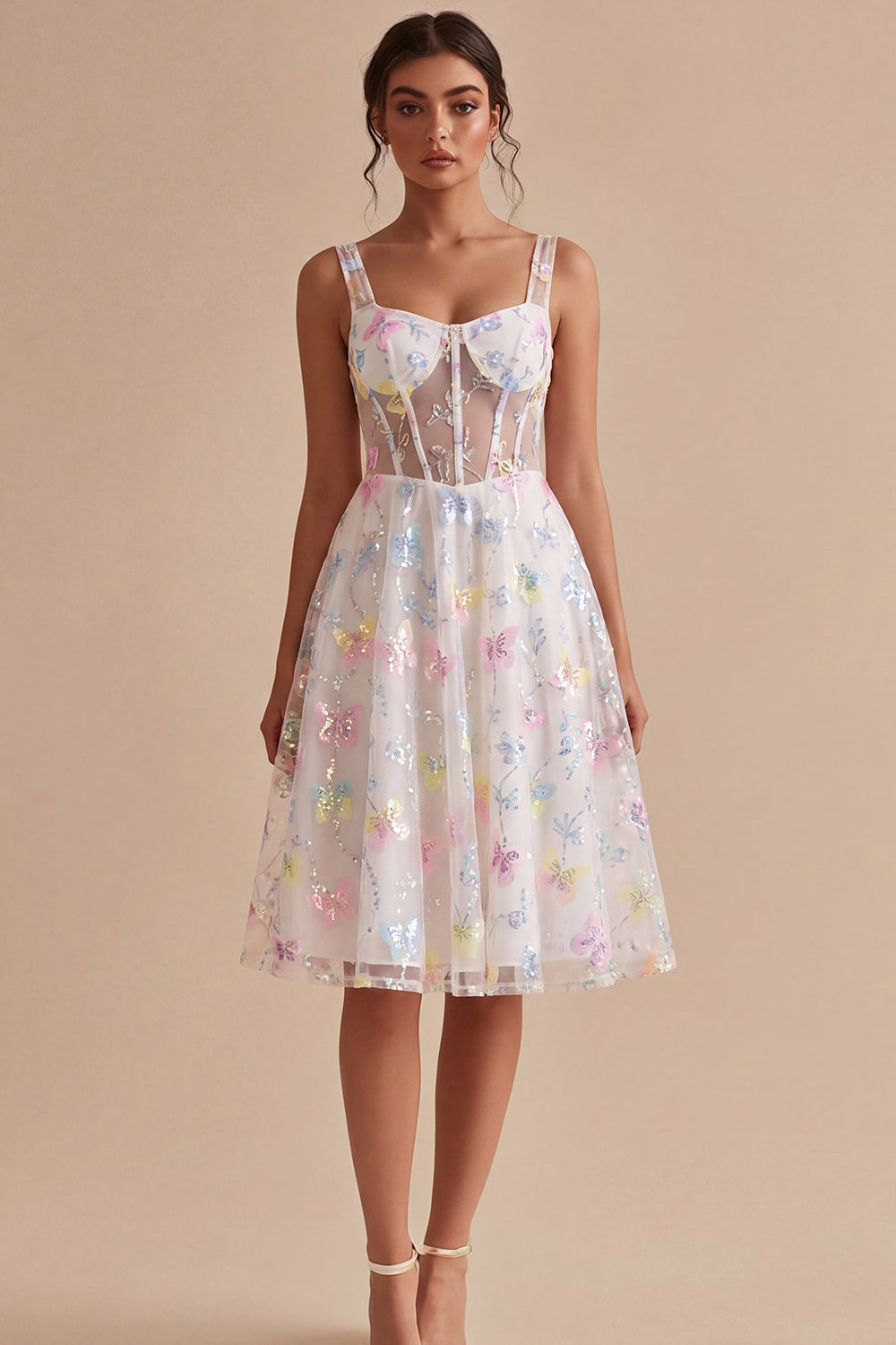 Corset Floral White Midi Thick Straps Beaded A Line Graduation Dress