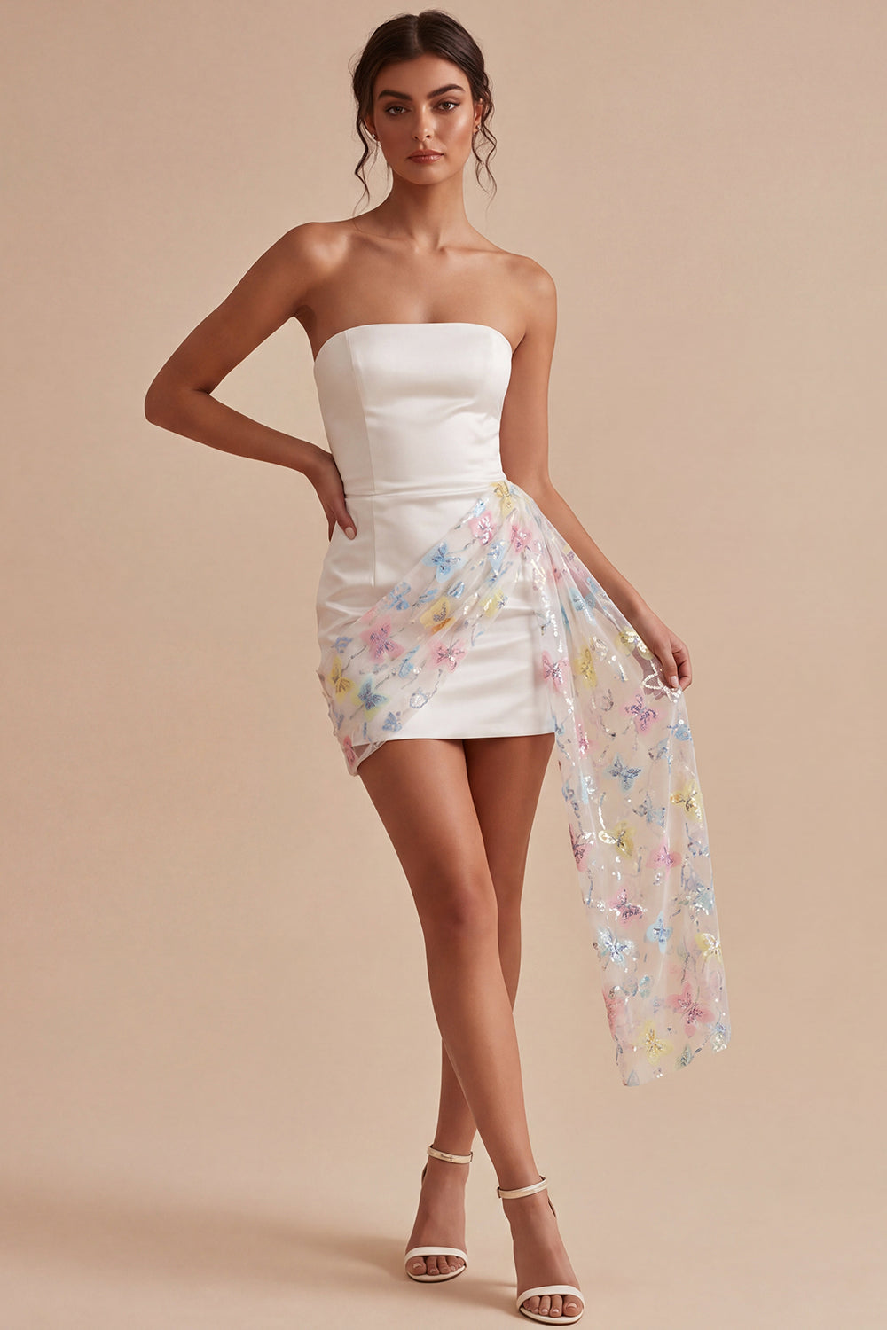 Strapless Floral White Tight Short Beaded Graduation Dress with Sash