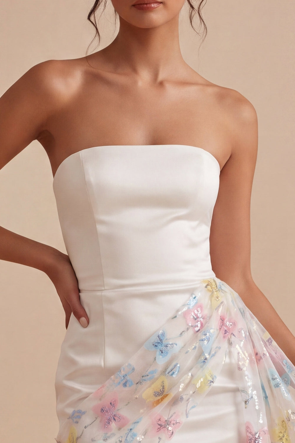 Strapless Floral White Tight Short Beaded Graduation Dress with Sash