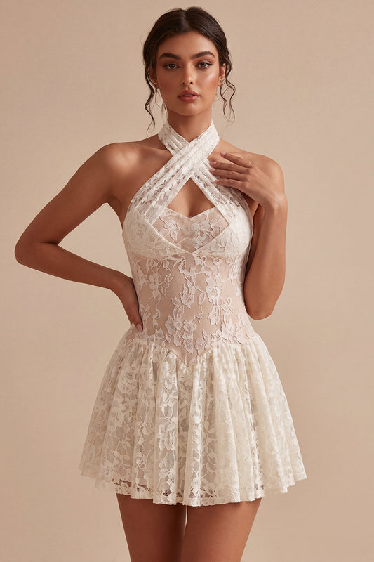 Floral Ivory Halter Keyhole Lace Short A Line Graduation Dress